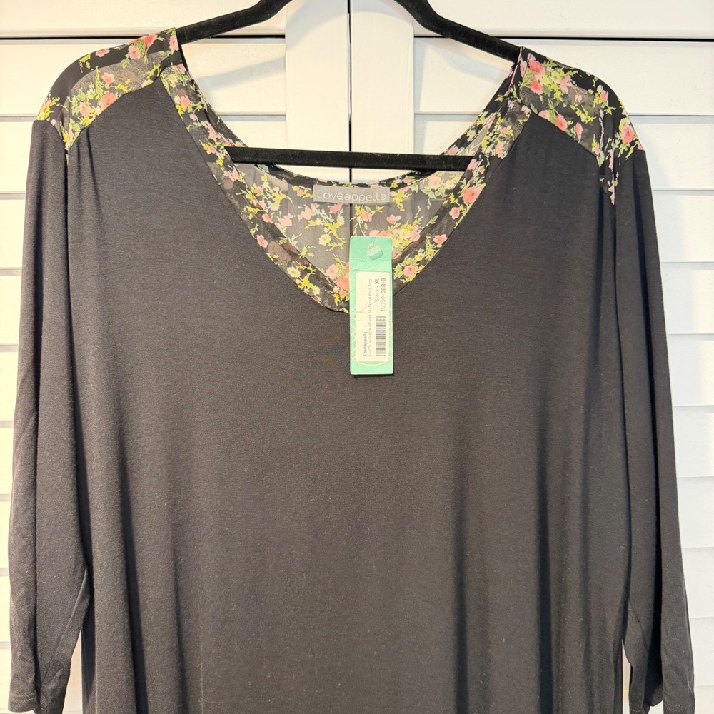 Loveappella‎ Darbi V-Neck Mixed Material Knit Contrast Tunic Top Black Floral XL - Picture 16 of 16